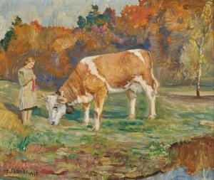 BANDI Hans 1896-1973,Mädchen mit Kuh am Waldrand,1935,Dobiaschofsky CH 2023-11-08