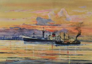 BANNISTER A. F. D,Two merchant ships in a bay at sunset with indus,1958,Rogers Jones & Co 2017-03-03