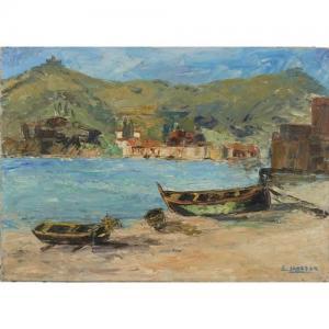 bardon Elisabeth 1894,Abstract fishing village scene with mountains and ,Eastbourne GB 2020-01-09