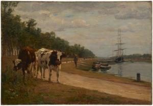 BARILLOT Leon 1844-1929,Cows along a canal pathway,John Moran Auctioneers US 2020-10-20