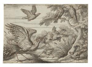 BARLOW Francis,Birds in woodland: bittern, woodcock, curlew, wood,1683,Christie's 2024-02-01