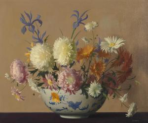 BARNES Archibald George,Chrysanthemums and daisies in a blue and white bow,Bonhams 2024-03-14