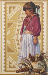 Barnes Cliff 1940,Young Navajo girl with a basket of corn,John Moran Auctioneers US 2017-11-14