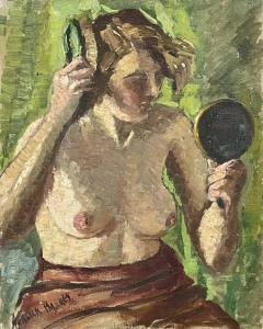 BARNES GARLICK 1891-1987,A Portrait of a Nude Woman Holding a Handmirror,David Lay GB 2021-07-22