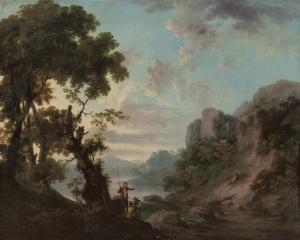 BARRET George I 1728-1784,A wooded landscape with a lake, anglers in the for,Christie's 2023-12-07