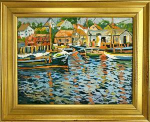 BARRON Roger 1938-2017,Harbor with docked boats, Gloucester,CRN Auctions US 2021-02-28