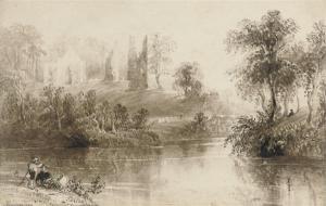 BARTLETT William Henry,Figures on a river bank, a ruined abbey beyond (il,Christie's 2010-03-16