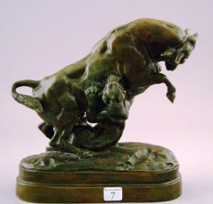Barye Antoine Louis 1795-1875,Taureau cabré attaqué par un tigre,Millon & Associés FR 2005-06-27
