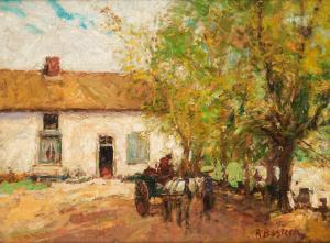 BASTIEN Alfred Theod. Joseph 1873-1955,Chariot attelé devant la ferme,Horta BE 2024-04-22