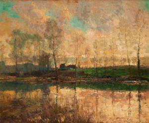 BASTIEN Alfred Theod. Joseph 1873-1955,Coucher de soleil sur l'étang,1920,Horta BE 2024-04-22
