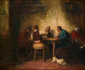 BASTIEN Alfred Theod. Joseph,Scène de taverne animée avec chien en avant plan,Horta 2024-04-22