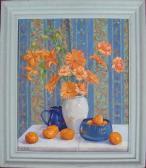 BATES Andrea,"STILL-LIFE IN BLUE AND ORANGE" - A VASE OF FLOWER,Anderson & Garland GB 2009-08-27