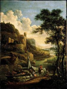 BATTEM Gerrit, Gerard 1636-1684,Paesaggio fluviale con imbarcazioni e figure,Cambi IT 2023-11-09