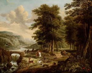 BATTEM Gerrit, Gerard,Wooded landscape with a stag hunt near a waterfall,Sotheby's 2021-03-24