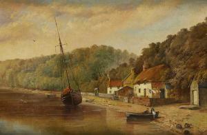 BATTY Edward 1839-1918,Ship moored along a tranquil shore with cottages,Rosebery's GB 2019-08-17