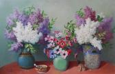 BAUBERT M,Still life with flowers in three vases, pestle and,1950,Lacy Scott & Knight GB 2015-06-13