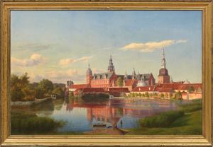 BAUDISSIN Ulrik 1816-1893,Schloss Frederiksborg im Abendlicht Feinmalerisch ,1846,Schloss 2017-12-02
