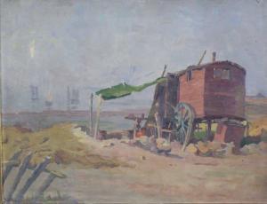 BAUDOUX Émile 1850-1929,La roulotte sur la plage en ,1909,Saint Germain en Laye encheres-F. Laurent 2015-04-19