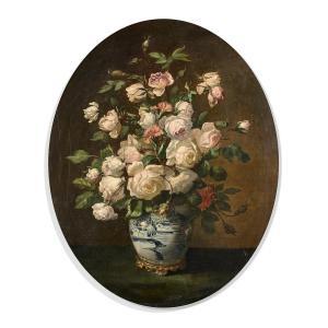 BAUDRY A,Bouquet of roses and carnations in a vase decorated in a Chinese style,Tajan FR 2017-10-27