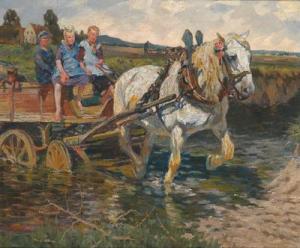BAUER Albrecht 1900-1900,Horse-Drawn Wagon Crossing the Ford,Palais Dorotheum AT 2009-04-24
