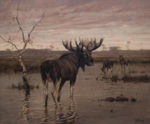 BAUER Hans 1883-1967,Waterlandschap met rustende elanden in de herfst,Venduehuis NL 2022-10-11