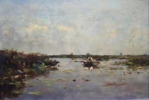 BAUFFE Victor 1849-1921,Polderlandschap met visser in een bootje,Venduehuis NL 2021-10-17