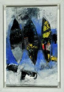 BAUMANN HUDSON Edith,Federn - Drei abstrakte Formen auf blau-weißem Gru,Allgauer 2011-04-14