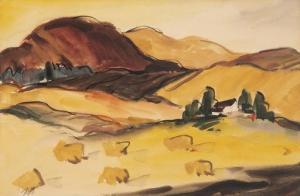 BAUMANN Karl Herman 1911-1984,Farmhouse with haystacks in a rolling hills la,John Moran Auctioneers 2020-06-24