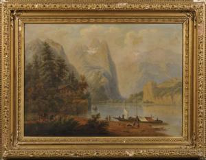 BAUMGARTNER H 1868-1927,Mountain Lake with Cabin and Sailing Vessels,Skinner US 2014-04-05