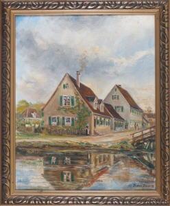 BAUR Julius 1800-1900,Häuser am Flussufer miteinigen Personen,Allgauer DE 2007-04-26