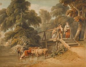 BAYNES James 1766-1837,Figures on a footbridge, cattle in the river below,Sotheby's GB 2023-07-06