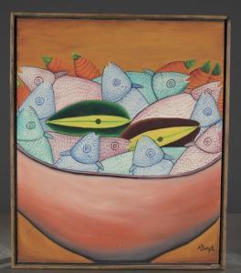 BAZILE Alberoi,Contemporary still life with fish and melon,1960-1970,Quinn & Farmer 2018-01-27