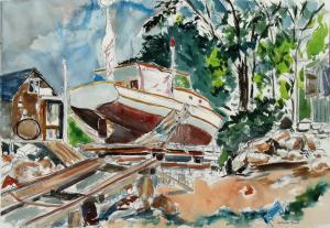 BEAL William,shore scene with boatyard,Blackwood/March GB 2008-10-15