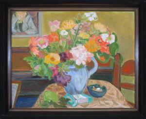 BECK Ludwig Maria 1905-1983,Bunter Blumenstrauß im Henkelkrug auf einem Tischc,Allgauer 2007-07-05