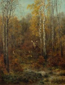 BECKER Anton 1846-1915,A wooded landscape with deer,1873,Galerie Koller CH 2016-03-18
