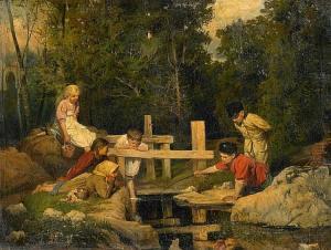 BECKER Jacob 1810-1872,Fishing Children at the Forest Creek,Van Ham DE 2015-05-15