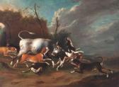 BEELDENMAKER A,Jachthonden met stier in italianiserend landschap,1676,Venduehuis 2013-05-29