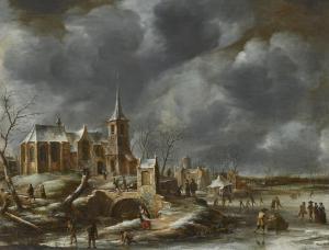 BEERSTRATEN Jan Abrahamsz. 1622-1666,A winter landscape with figures skating and pl,1657,Christie's 2023-01-27