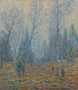 BEHM Wilhelm 1859-1934,Dimmigt landskap med björkar,1914,Uppsala Auction SE 2022-02-15