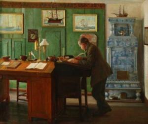 BEHRENS RAMBERG Georg,Interior with a gentleman at his writing desk,1924,Bruun Rasmussen 2018-02-26