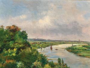 BEISCHLAGER Emil 1897-1977,Idyllische Flusslandschaft mit Segelboot,1930,Palais Dorotheum 2023-12-21