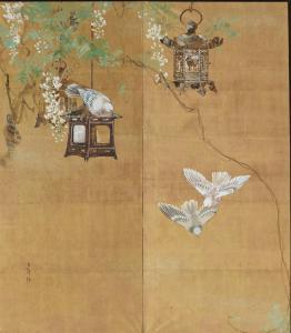 BEISEN Kubota 1852-1906,three white doves and three metal lanterns hanging,Lempertz DE 2021-06-24