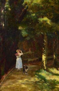 BELEZ,A young lady with dog in a sun drenched summer's garden,Mallams GB 2017-04-10