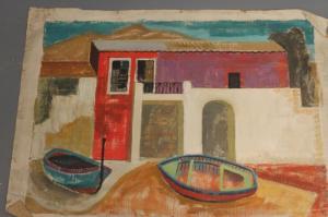BELL JEAN W 1923-1992,Study of a Villa with Beached Boats in the F,Hartleys Auctioneers and Valuers 2018-06-13