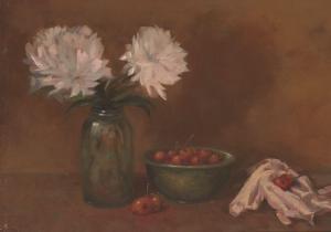 BELLMAN John Joseph 1949,Still life with chrysanthemums and cherries,Rosebery's GB 2021-01-27