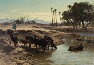 BELLY Leon Adolphe 1827-1877,BUFFALOES BATHING IN THE NILE,1861,Sotheby's GB 2020-06-11