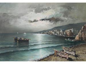BELTRAME R 1900-1900,Italian coastal scene with moored boats and two in,Capes Dunn GB 2011-09-06