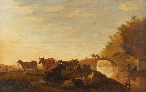 BEMMEL J.M,Rastende Kuh- und Schafherde an einem Flüsschen mit Brücke,Galerie Vogler CH 2009-11-14