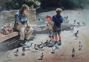 BEN Ho 1962,Feeding the Pigeons,International Art Centre NZ 2015-02-25