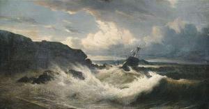 BENARD Hubert Eugene 1834-1879,Sailing ship in stormy sea at a rocky coast,1875,Nagel DE 2013-02-20